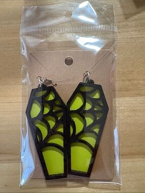 Coffin Shaped Green Spiderweb Statement Earrings